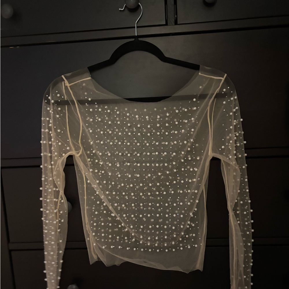 Elegant Sheer Pearl-Embellished Top